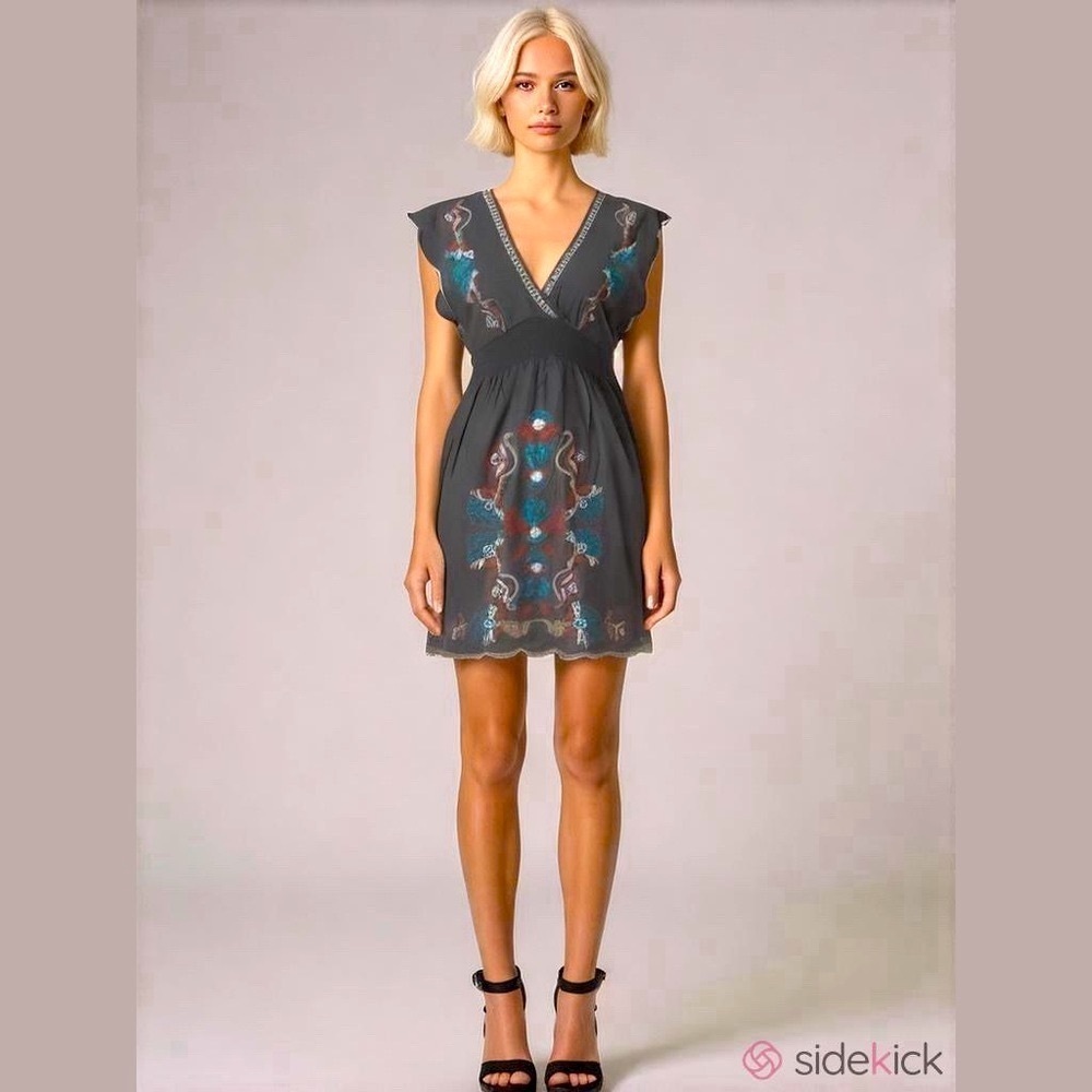 Flying Tomato Grey Floral Embroidered Boho Tunic Mini Dress With Tassels Size S